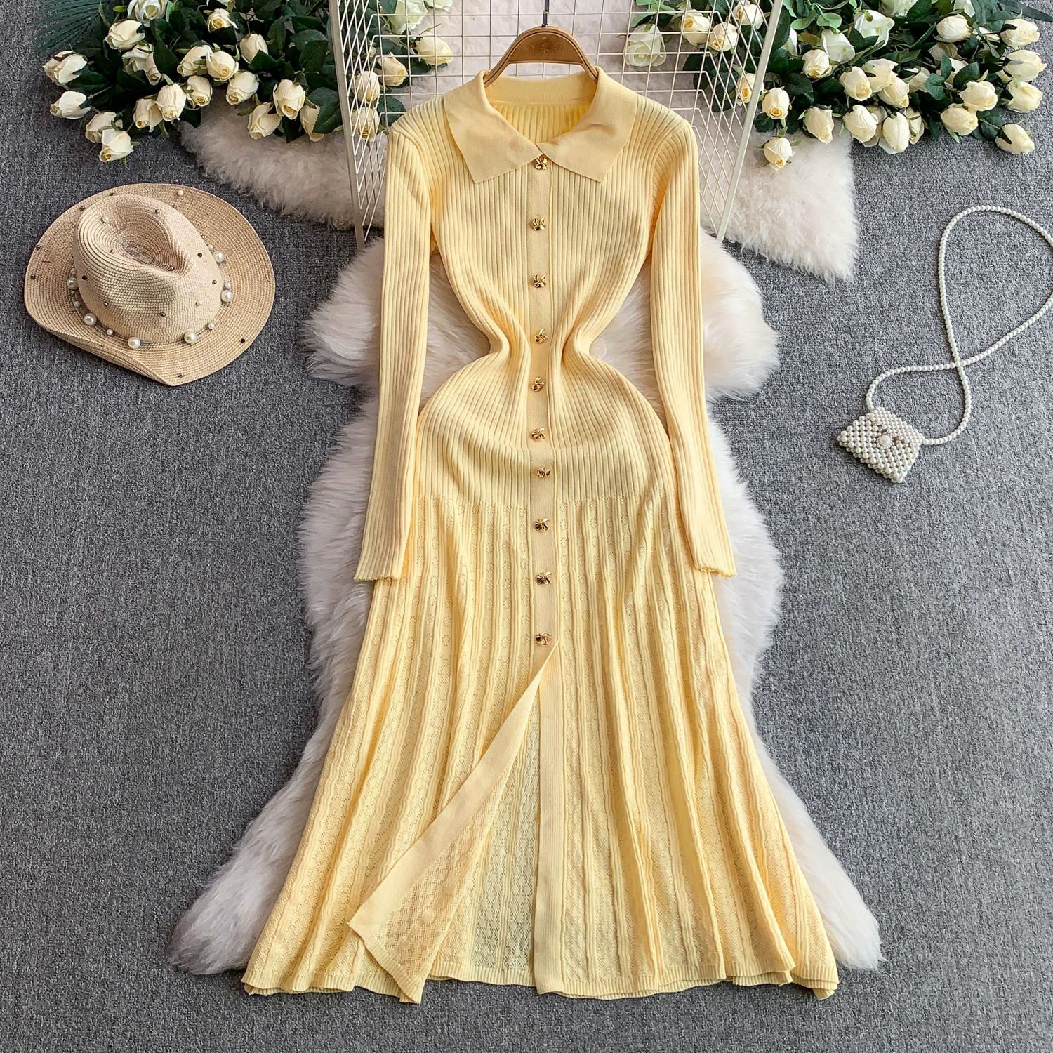 

Осень Зима Женские Дизайнерские Платья с Подиума для Вечеринок, С Длинным Рукавом, Вязаный Свитер, Длинное Миди Платье-Пуловер с Юбкой Годе One Size жёлтый