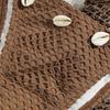 Brown Fishnet 3 Piece Bikini Set with Seashell Decor & Cover Up Skirt
