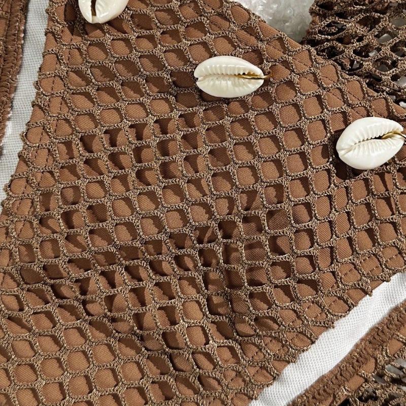 Brown Fishnet 3 Piece Bikini Set with Seashell Decor & Cover Up Skirt