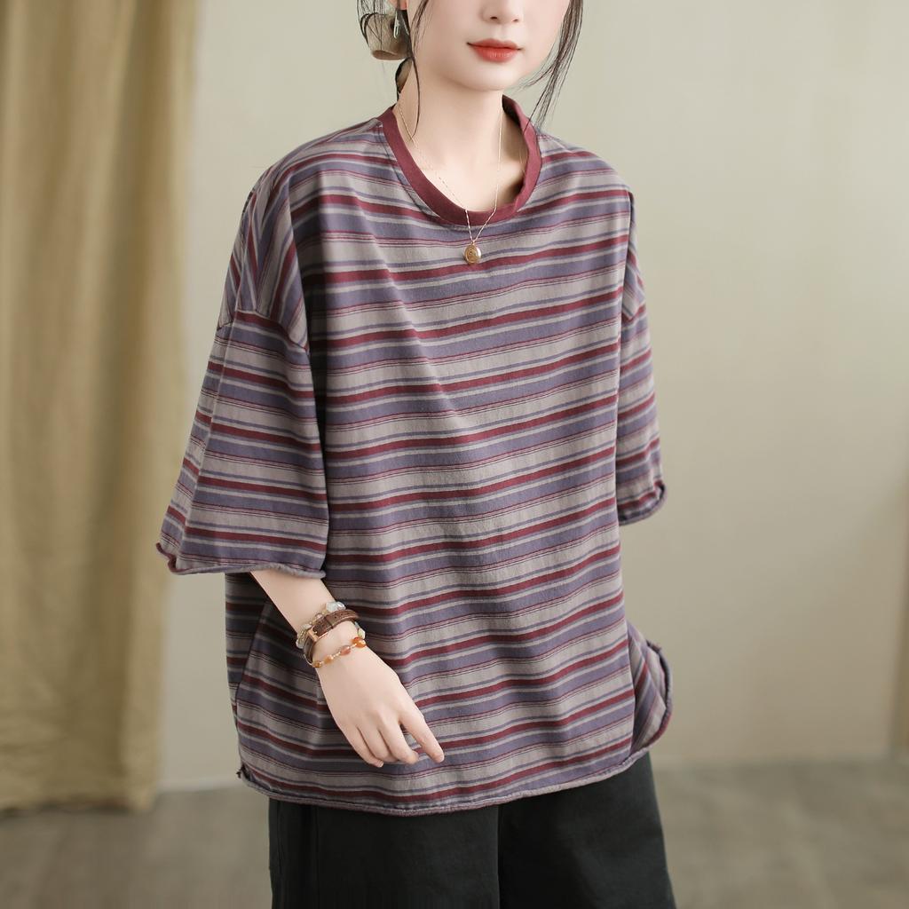 DIMANAF 2025 Summer T-shirt Women Spliced Stripe Printing Short Sleeve Loose Black