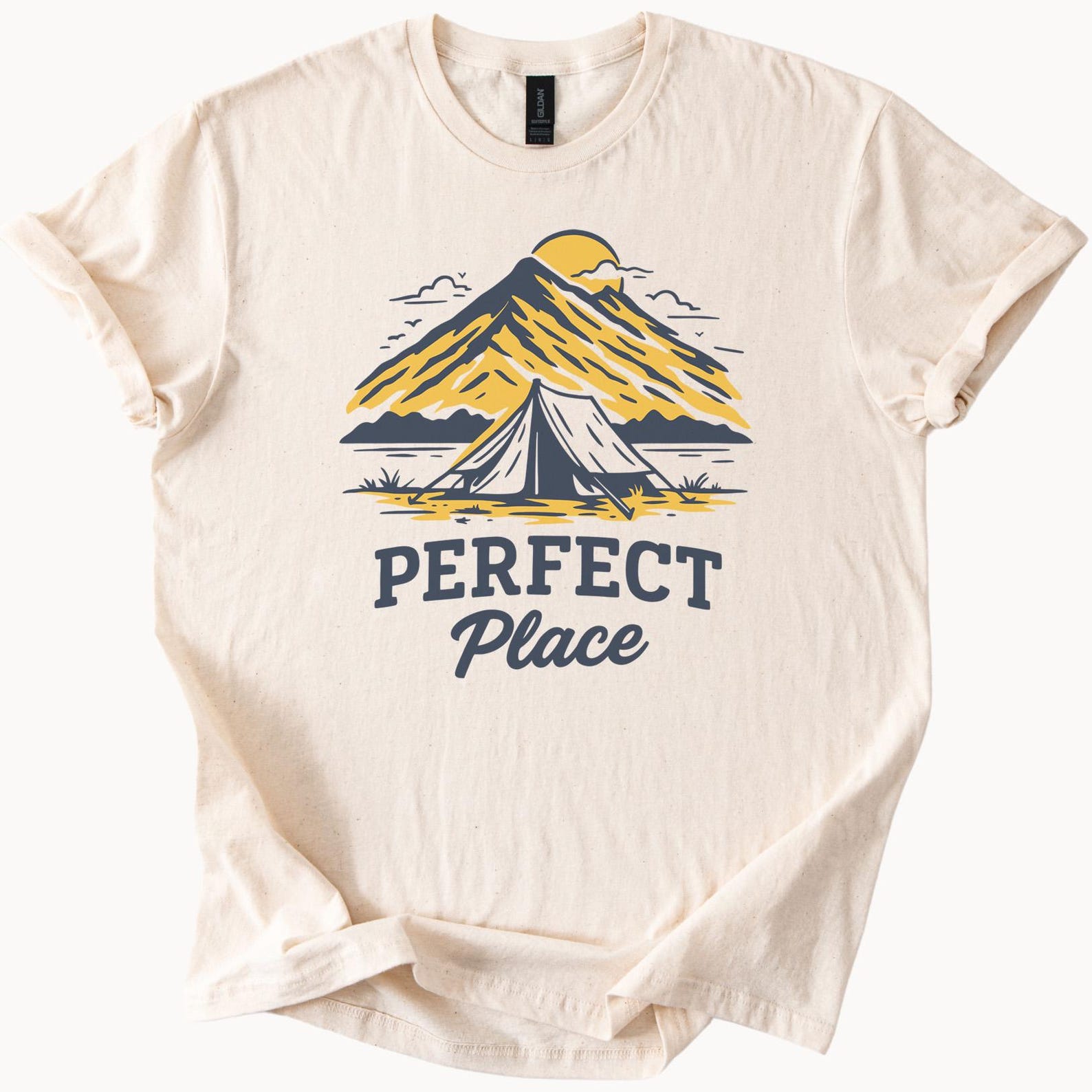 Perfect Place Mountain Camping T Shirt Nature Tent Outdoor Adventure Graphic Sunset Wilderness Tee Hiking Gift for Nature Lovers 120