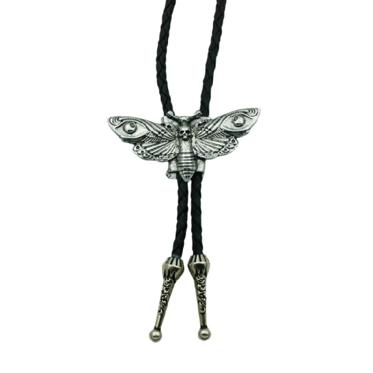 Mens Women American Bolo Tie Western Cowboy Metal Skull Moths Pendant Necklace