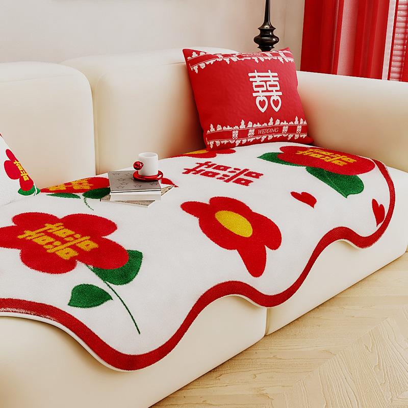 Chinese Style Wedding Celebration Imitation Rabbit Plush Shaped Sofa Cushion Four Seasons Universal Living Room Straight Row Sofa Towel Cover Cloth