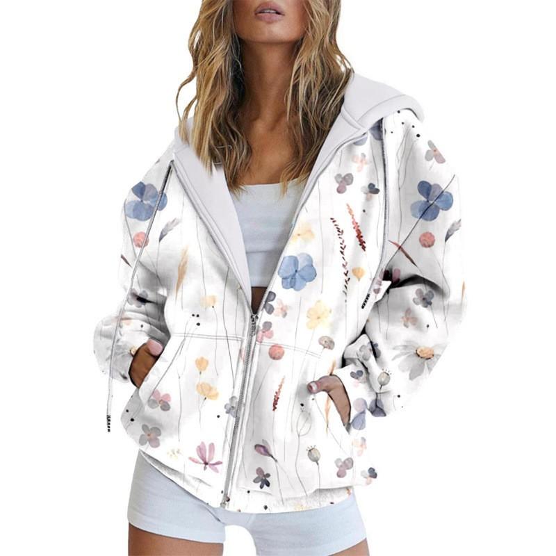 Womens Oversized Hooded Zip-Up Sweatshirt With 3D Digital Print Casual Loose Fit Winter