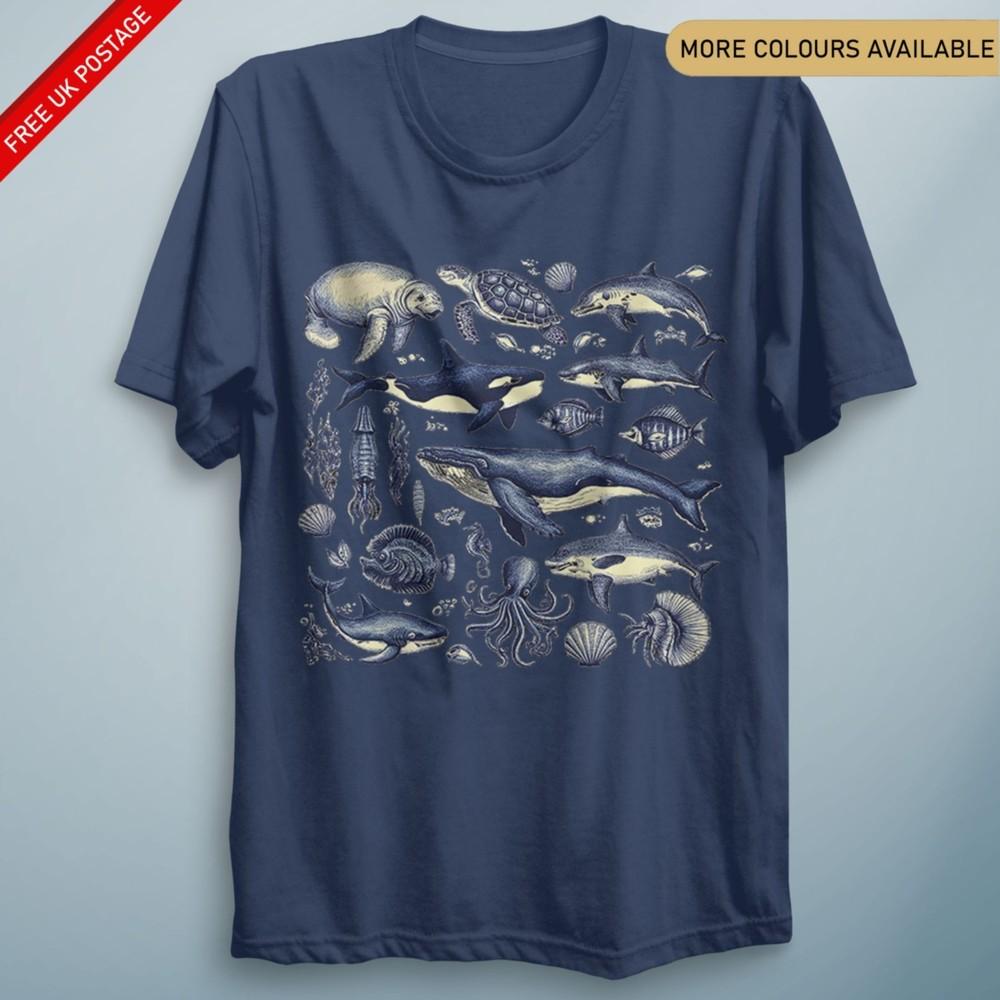 Marine Creatures Sea Life TShirt Dolphin Whale Ocean Animal Lover Tee
