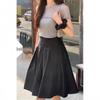 Black Pleated Midi Skirt: Women's A-line Casual Swing for Spring & Autumn - Petite Sizes Available