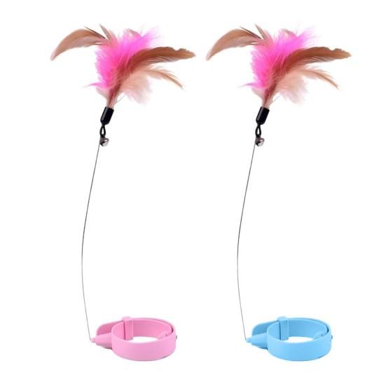 Cat Collar Feather Toy Interactive Cat Feather Wand Toy Hands Free Cat Teaser Wand with Bell Adjustable Collar for Indoor Kitty Solo Play