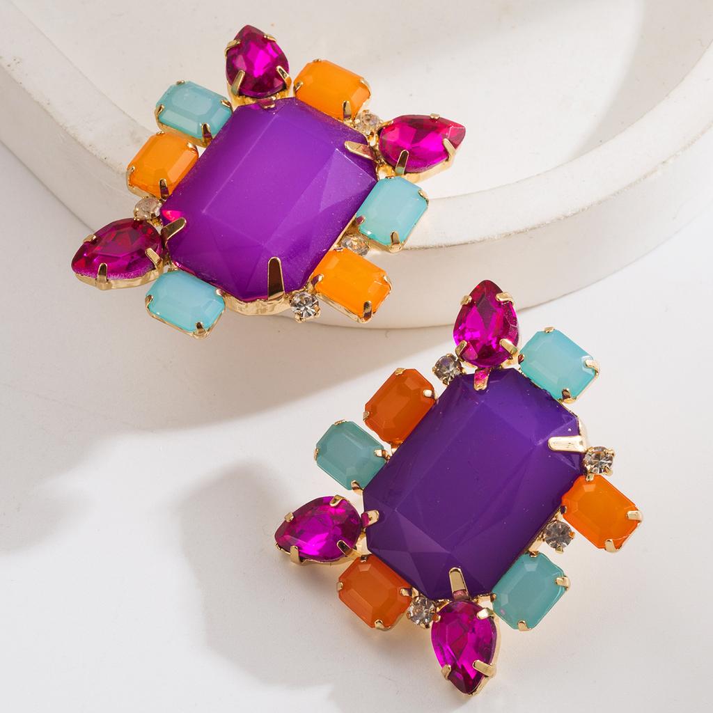 European and American New Fashion Exaggerated Earrings Super Shiny Alloy Inlaid with Colorful Diamonds Personality Long Prom Earrings