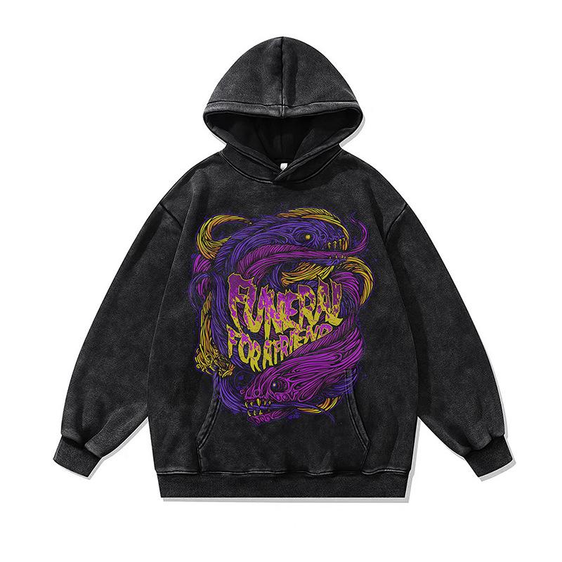 American Retro Skull Print Hoodie Jacket Autumn And Winter Heavy Washed Old Hooded Sweater Men And Women