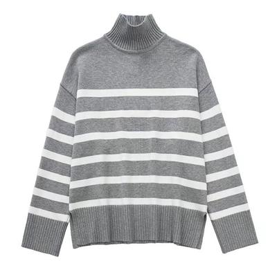 Tangada Women Fashion Gray Striped Oversized Knit Sweater Vintage High Neck Long Sleeve Female Pullovers