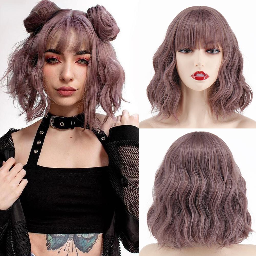 MERISIHAIR Brązowe krótkie peruki Bob Wave z grzywką Blond dla kobiet Naturalne odporne na ciepło syntetyczne peruki Codzienne noszenie Cosplay Kręcone włosy