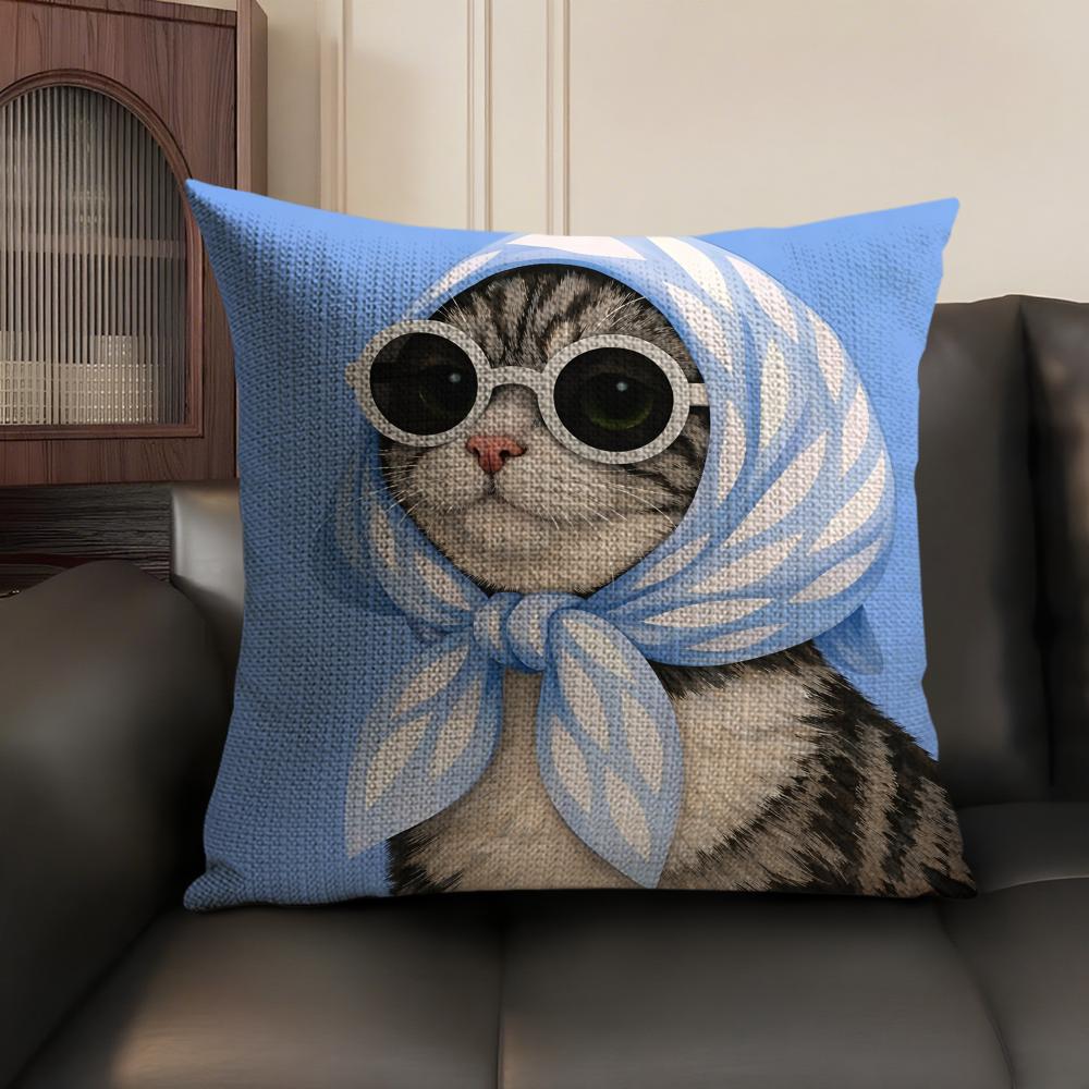 Art Cat Cute Cushion Cover Summer Breathable Linen Organic Fabric Double-Sided Printing Sofa Pillow Case Home Decor