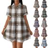 Women Casual Loose Fit Shirt Dress Button Front Short Sleeve Collared Dress Lightweight Plaid Pattern Summer Dress