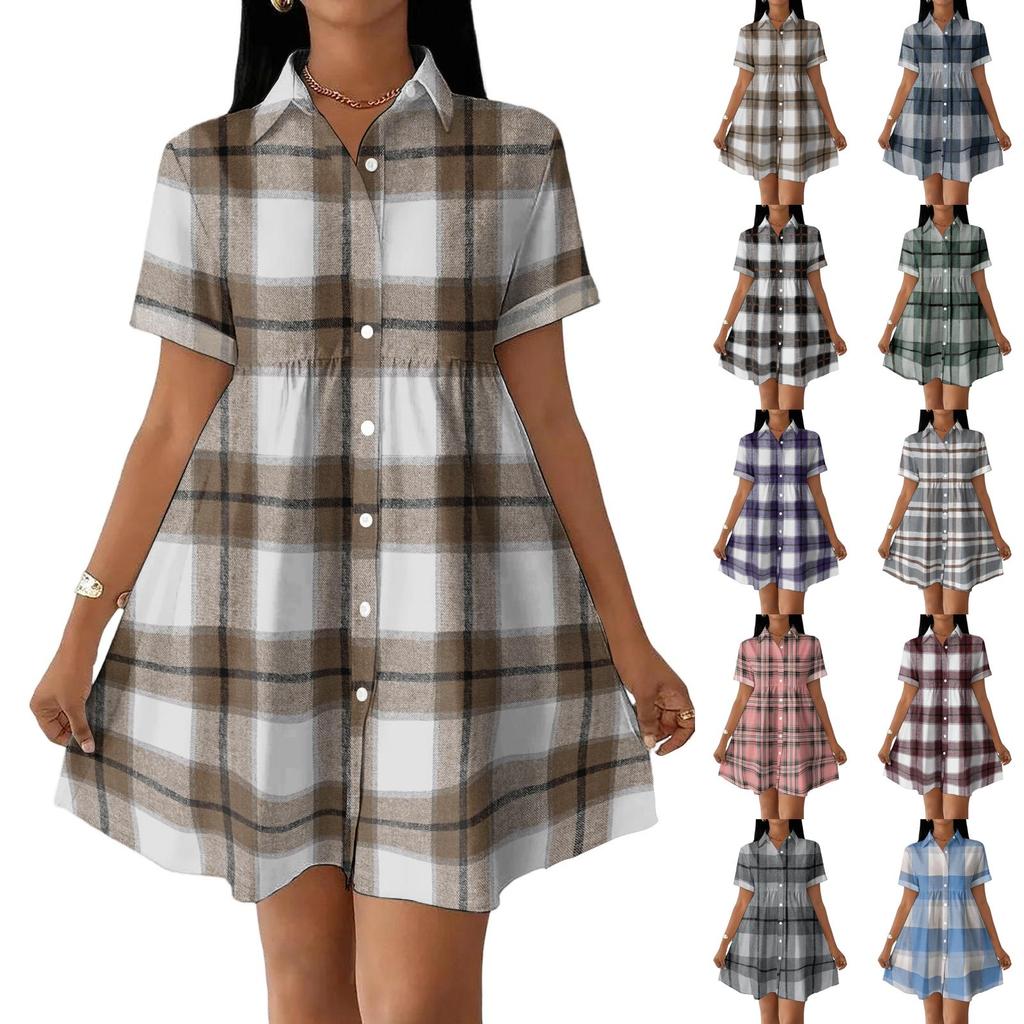 Women Casual Loose Fit Shirt Dress Button Front Short Sleeve Collared Dress Lightweight Plaid Pattern Summer Dress