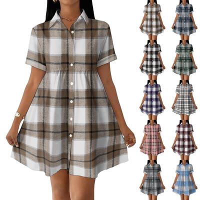 Women Casual Loose Fit Shirt Dress Button Front Short Sleeve Collared Dress Lightweight Plaid Pattern Summer Dress