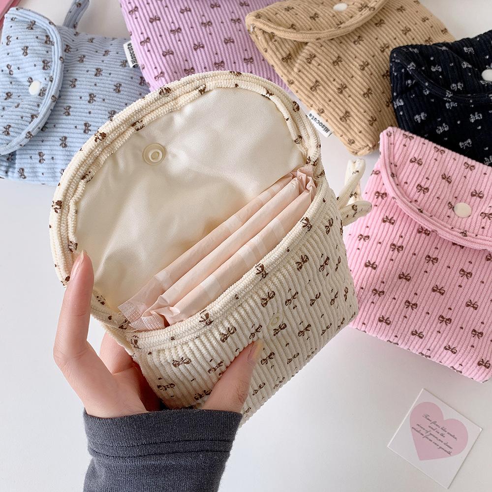 Cosmetic Organizer Bag Warm Corduroy Makeup Bag Women Cosmetic Case Versatile Bow Sanitary Napkin Pouch For Daily Use School
