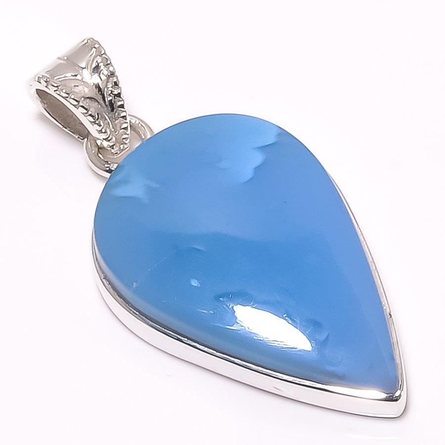Naturalny Kamień Opal Niebieski Ręcznie Robiony Srebro Próby 925 Wisiorek 1,50" U8z70