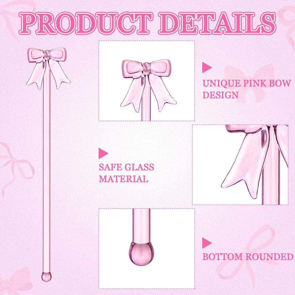 20 Pack Glass Swizzle Stick Coffee Cocktail Juice Milk Drink Swizzle Stick Pink Bow Glass Stir 7.24" For Coquette Themed Drinks,,