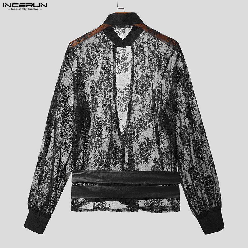 INCERUN Men Long Sleeve Cutout Mesh Sheer Lace Casual Ruffled Tops T-shirts