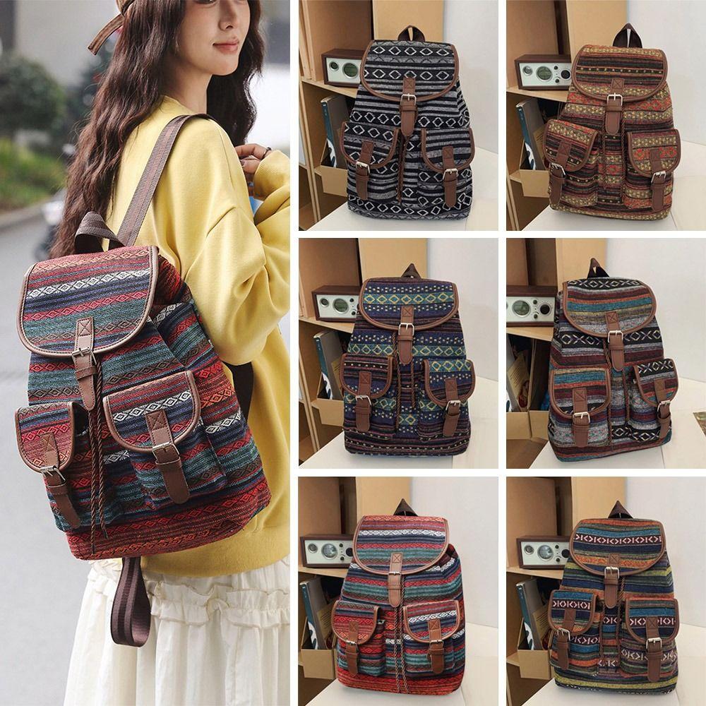 Fashion Ethnic Style Shoulders Backpack Adjustable Strap Large Capacity Kids Schoolbag Casual Plaid Travel Rucksack