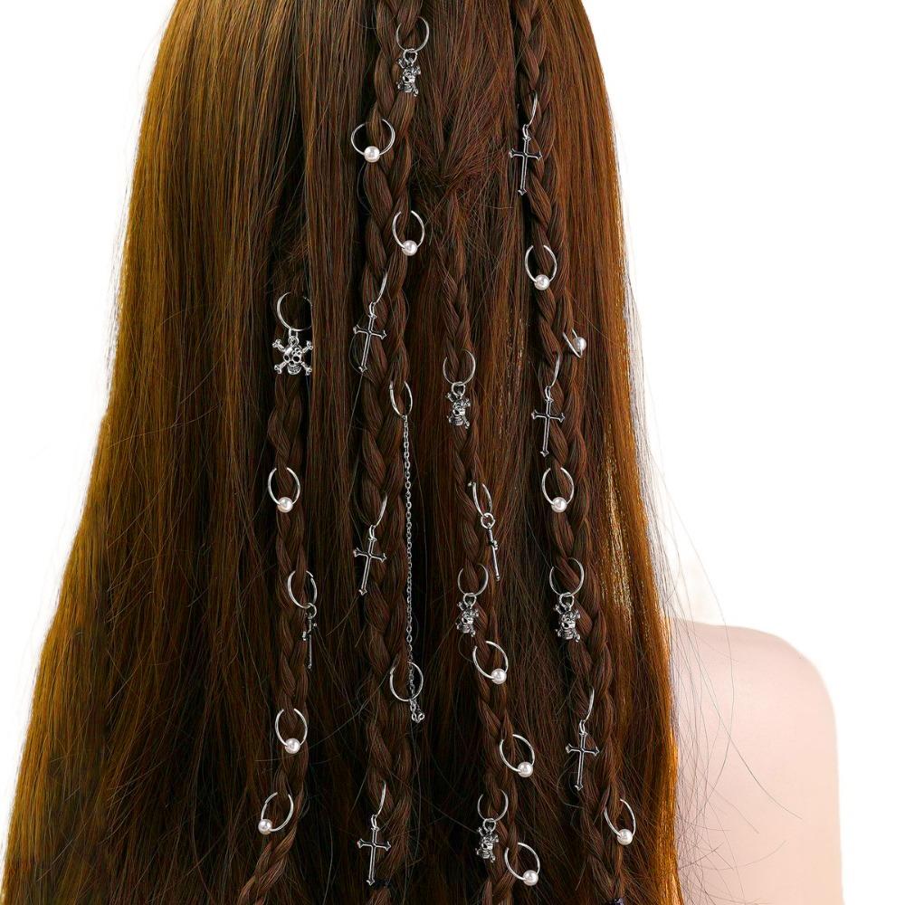 13pcs Metal Cuff Clips Dreadlocks Beads Cross Skull Hair Braid Tubes Mixed Hair Rings Set Decor