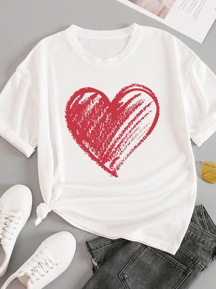 (Asian Size) T-shirts Fashion O-neck Female Casual Women's Top T Clothing Love Heart Style Print Short Sleeve Graphic Tee