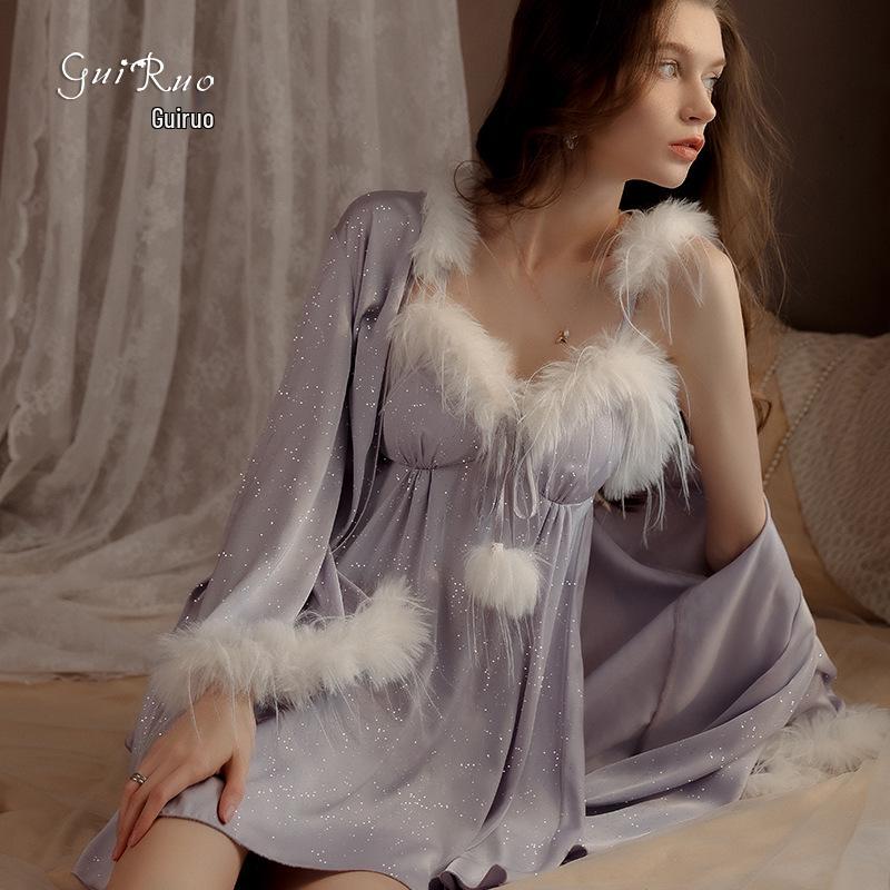 Guiruo Silver Padded Lingerie Set - Sexy Plus Size Camisole Nightgown & Robe 4419