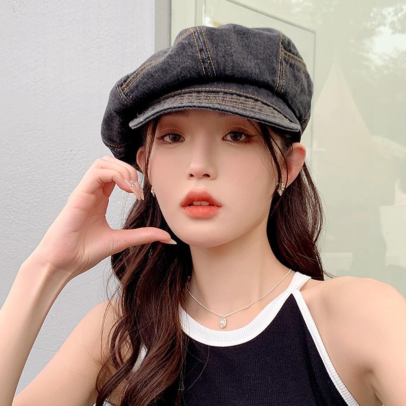 Hat Women's Spring and Summer Shade Sun Hat Washed Denim Beret Octagonal Hat