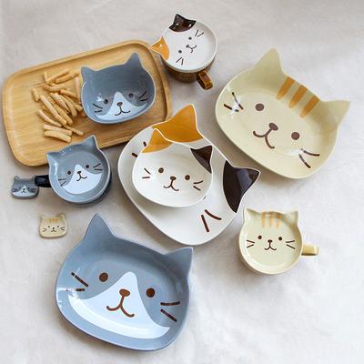 Japanese Cartoon Ceramic Tableware Cute Cat Household Bowl Breakfast Snack Plate Salad Bowl Children'S Plate Rice Bowl