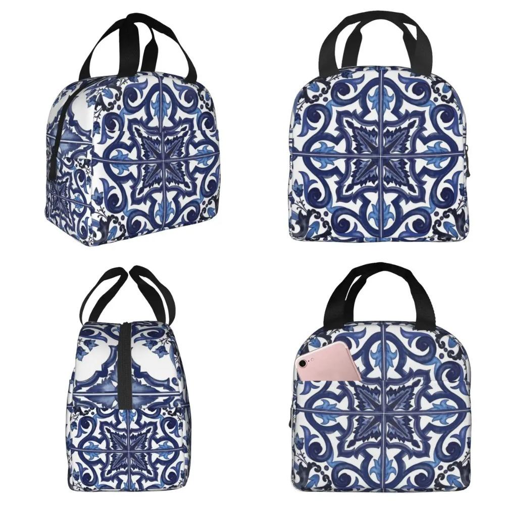 Blue Ornate Floral Mediterranean Sicilian Tile Insulated Lunch Bag for Kids School Cooler Thermal Food Box Tote Leakproof