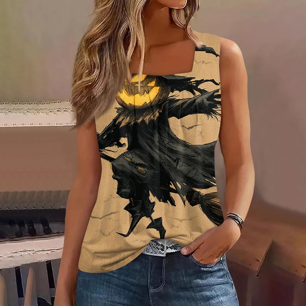 Sleeveless Square Neck Top with Ruching Halloween Print Women's Casual Summer Tank Blouse Lightweight Stretchy Fabric