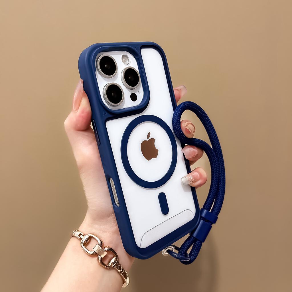 Applicable to iPhone16promax mobile phone case transparent magnetic suction Apple 15 adjustment hand rope acrylic anti-drop protection