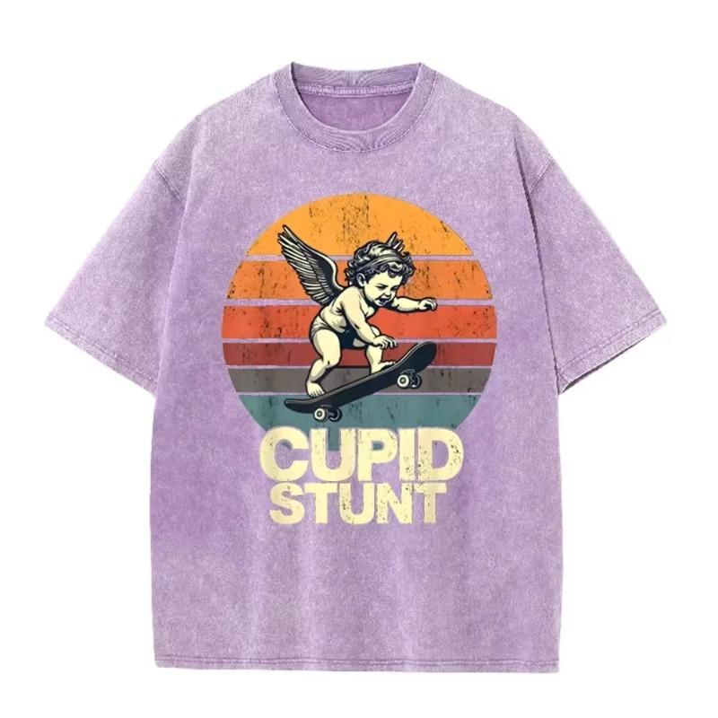 T-shirt Oversize Délavé Acide Graphique Skate Rétro Beige « Cupid Stunt »