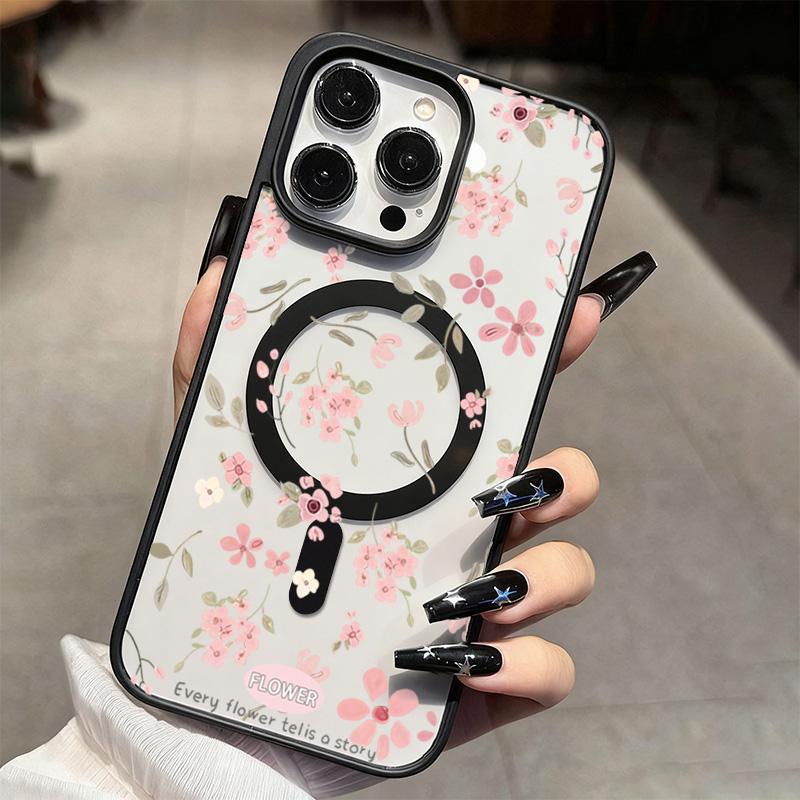Small Pink Flowers Design Magnetic Phone Case For iPhone 17 Pro Max Cases iPhone 16 Plus 15 14 13 12 11 Air 17 Transparent Cover