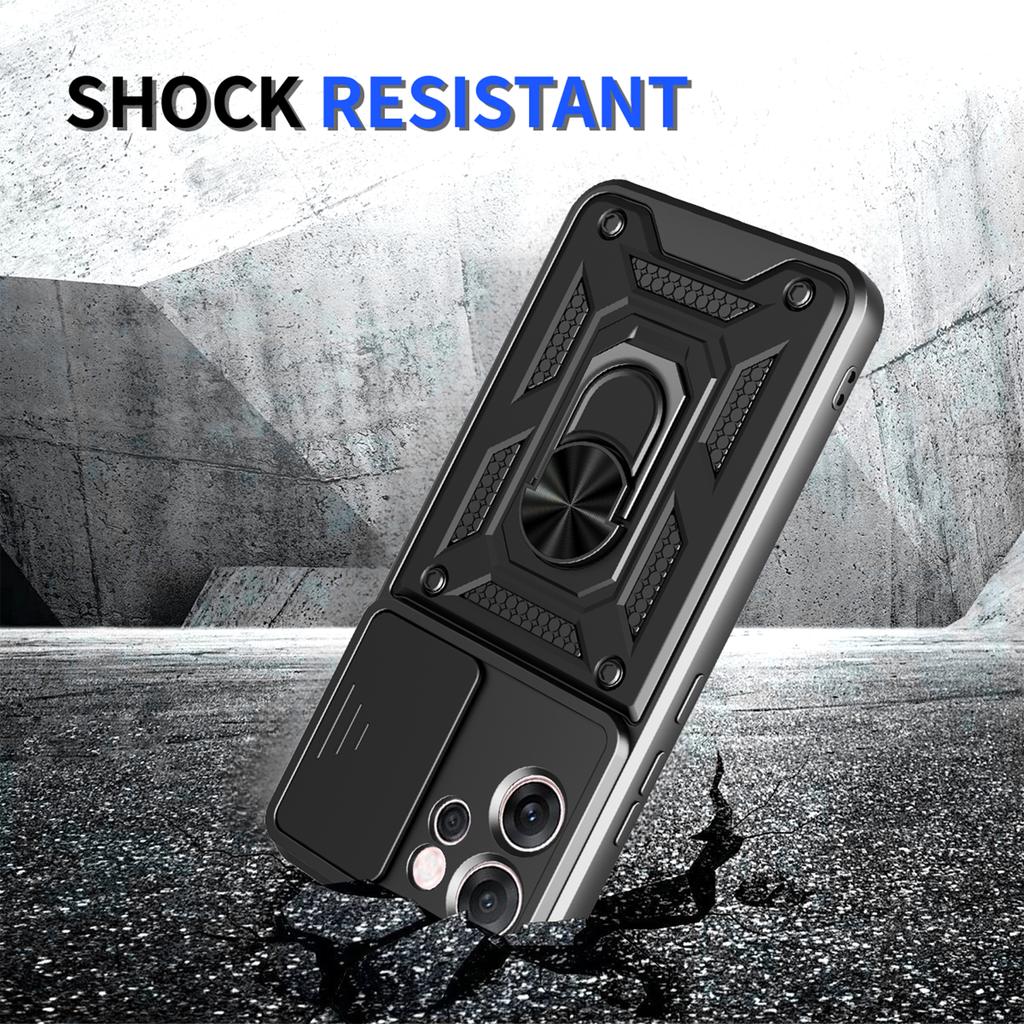 For Oppo Reno14 F 5G Case with Slide Camera Lid PC+TPU Kickstand Phone Cover