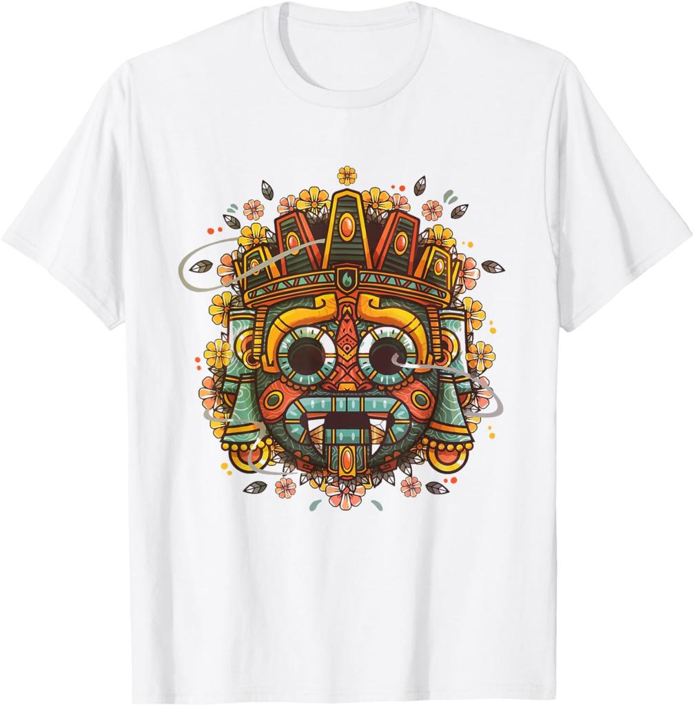 T-shirt Colorata Maschera Maya Azteca Uomo Casual Traspirante Grafica Maglietta Viaggio