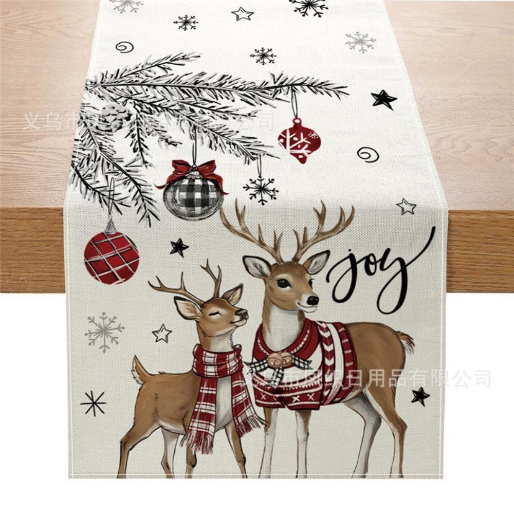 Christmas Table Runner Winter Snowman Santa Print Dining Table Mat for Holiday Decor
