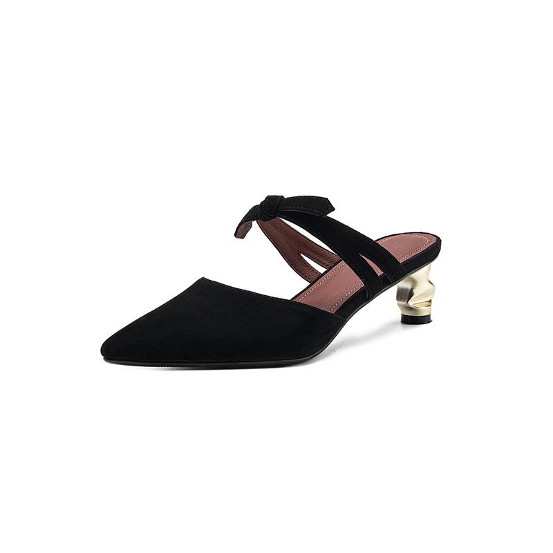 Krazing Pot Suede Butterfly-knot Mules Strange Style Med Heels Summer Size 42 Pointed Toe Slip on Women Shallow Pumps