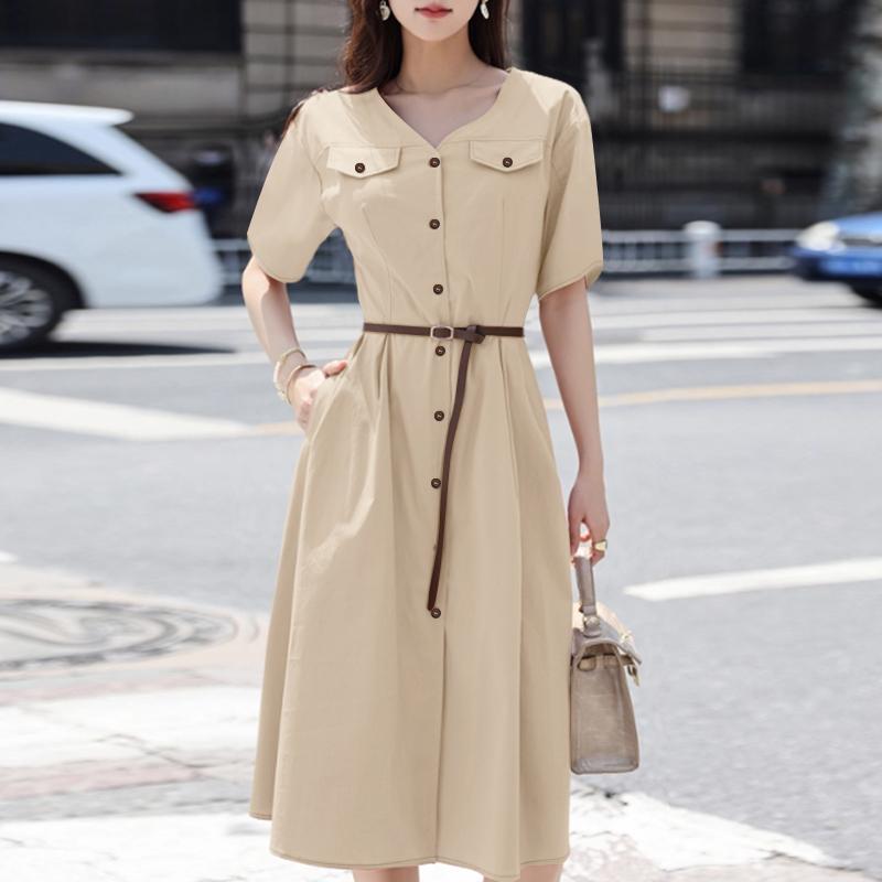 ZANZEA Women Casual V-Neck Solid Color Short Sleeve Dress