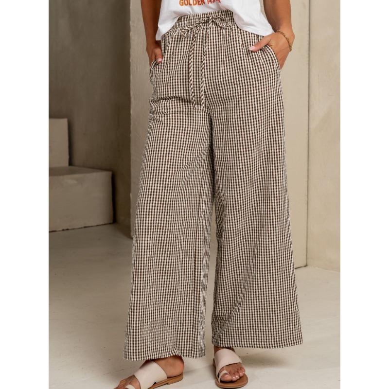 Women Red & White Gingham Print Elastic Waist Drawstring Wide Leg Casual Pants S коричневый