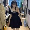 Hepburn Style Daughter Feeling Small Black Dress Women's Summer Niche Square Neck Bow Bubble Sleeve Short Sleeve Square Neck Dress