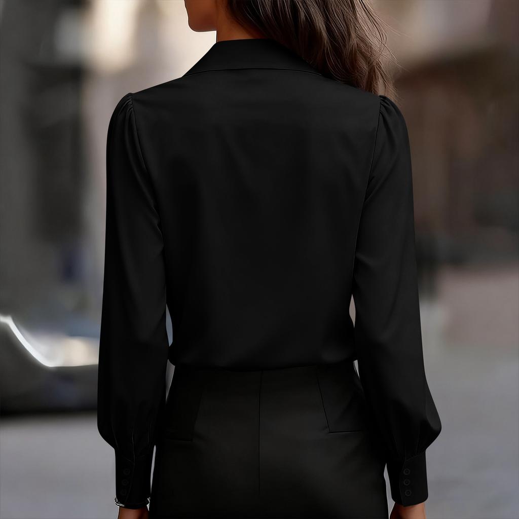 Women's Fashionable Color Lapel Casual Button Long Sleeved Shirt Top