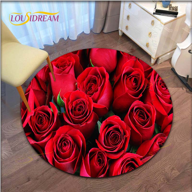 Rose Flower Waterproof and Non-slip Circle Cute Floor Rug Round Area Rugs Living Room Children Chair Tent Play Game Carpets