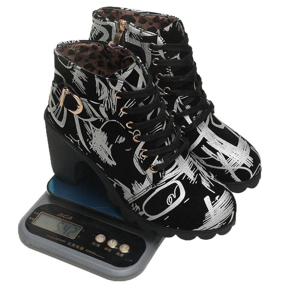 Autumn Winter Plus Size Women's PU Printed Graffiti Thick Soled Snow Boots Comfortable Warm Round Headed Short Tube Martin boots 36-42