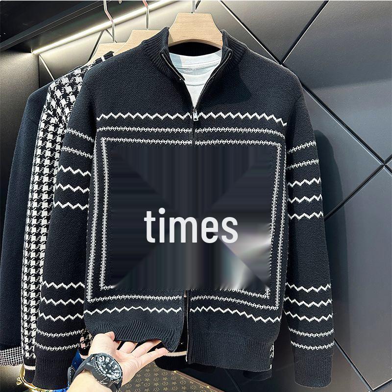 

European Color Block Knit Stand Collar Cardigan - Men s Autumn/Winter Trendy Style L чорний