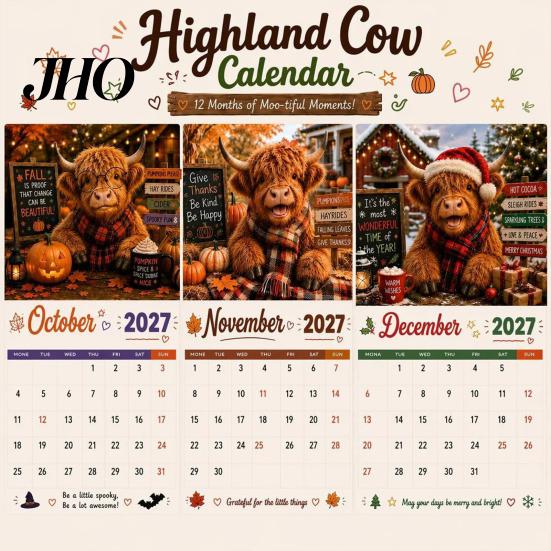 Personalized Schedule Organizer 2027 Funny Highland Cow Wall Calendar, Cute Farm Animal 12 Month Gift for Lovers Scottish Hanging Planner Rustic Home