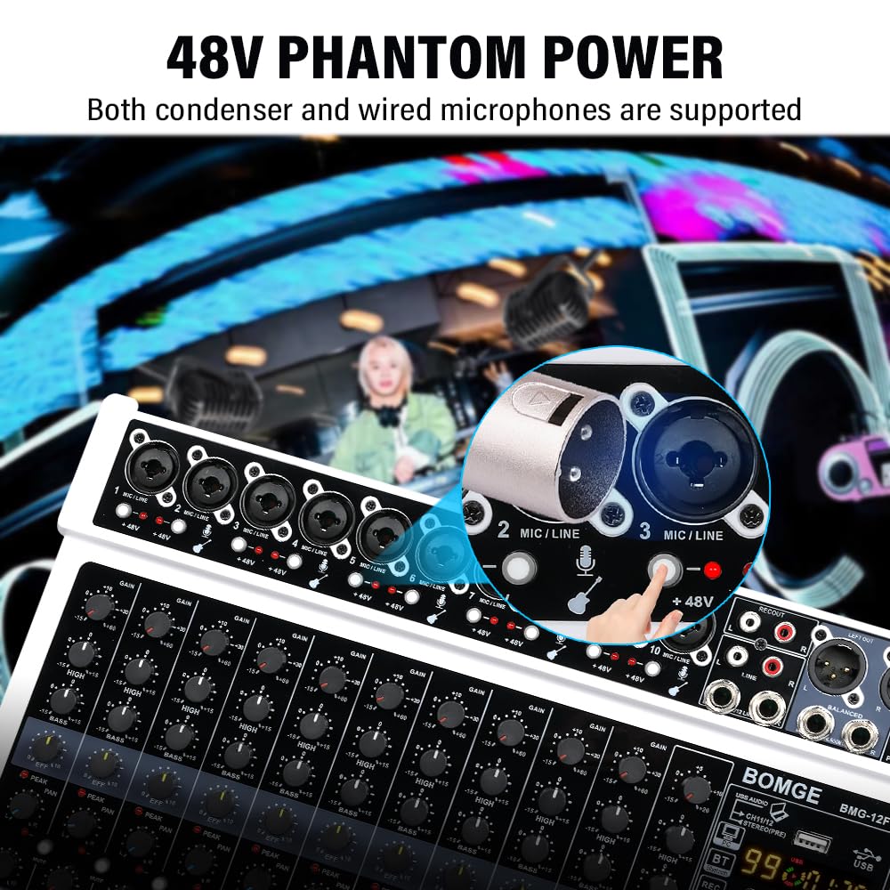 BOMGE Professional Audio Bluetooth Studio Mixer with 48V and 99 DSP Effects Professionals and 12-Channel Mixer, USB, Power, XLR/RCA Inputs, (For