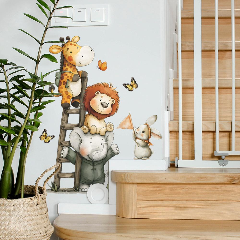 Cartoon Cute Animals Take Turns Climbing Ladders. Decorative and Beautifying Wall Stickers for Children's Rooms and Playrooms