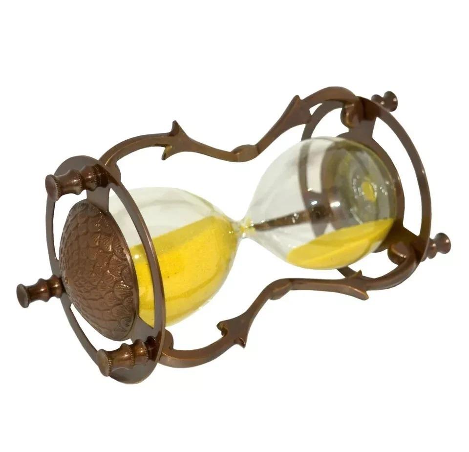 "7'' Antique Vintage Brass Hourglass – Maritime Sand Timer with Yellow Sand – Nautical Home Decor Shelf Clock"