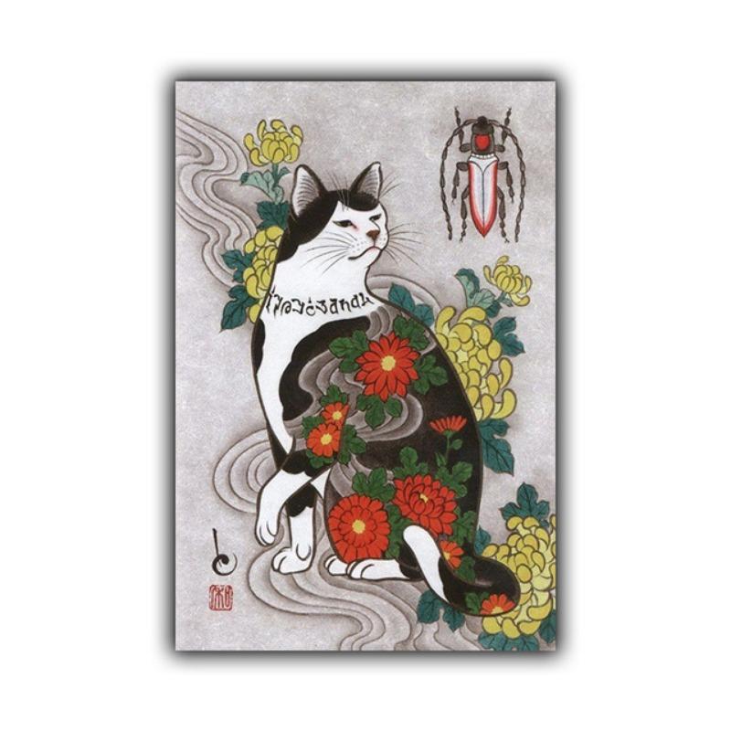 Retro Art Poster Japanese Style Funny Tattoo Pattern Cat Pictures Canvas Print Living Room Wall Art Corridor Home Decor Painting